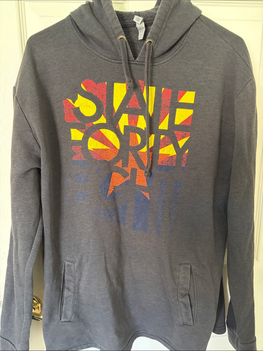 Next Level Apparel State 48 Charcoal Hooded Sweatshirt with Yellow-Red-Blue